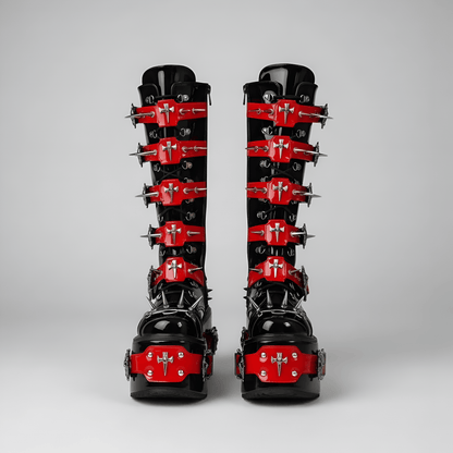 Black red / 34 Women's Rivet Buckle Platform Boots/ Round Toe Cross Tied Leather Boots