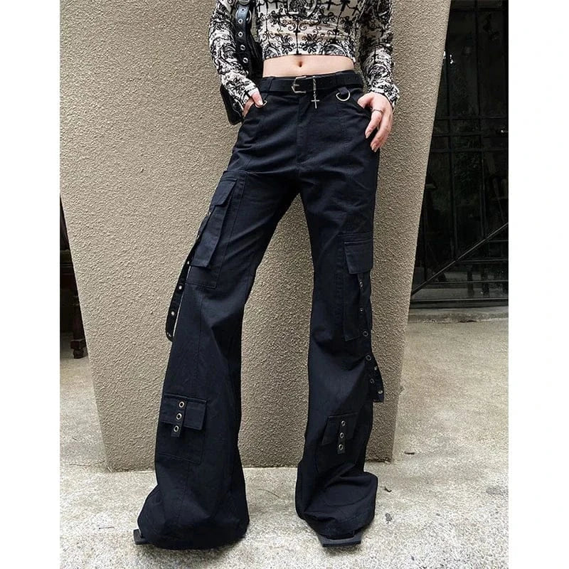 Black / S Black Gothic Cargo Flare Pants /High Waist Wide Leg Trousers (Victorious Neural Link)