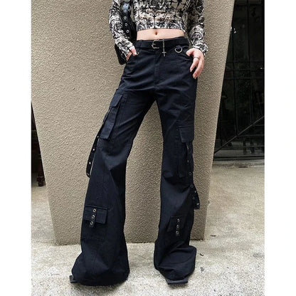 Black / S Black Gothic Cargo Flare Pants /High Waist Wide Leg Trousers (Victorious Neural Link)