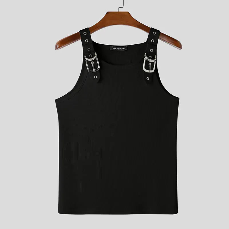 Black / S Buckle Belt Straps Ribbed Tank Top