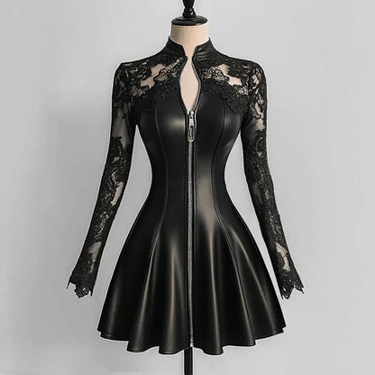 black / S / China Mainland Fashionable PU Leather Lace Patchwork Waist-Cinching Dress Autumn Winter New Arrival Long Sleeve Zipper Sexy Party Mini Dress