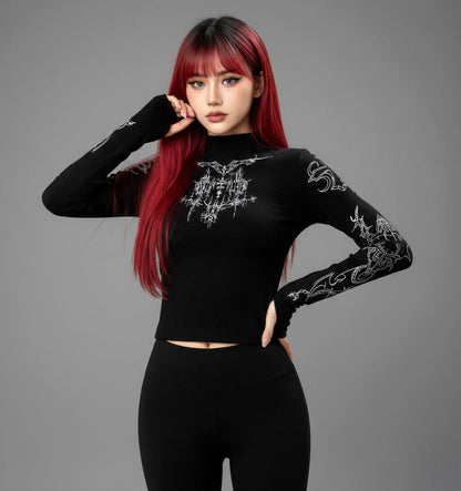 Black / S Cyber Sigil Half High Neck Long Sleeve/ Korean Fashion Long Sleeve Shirt