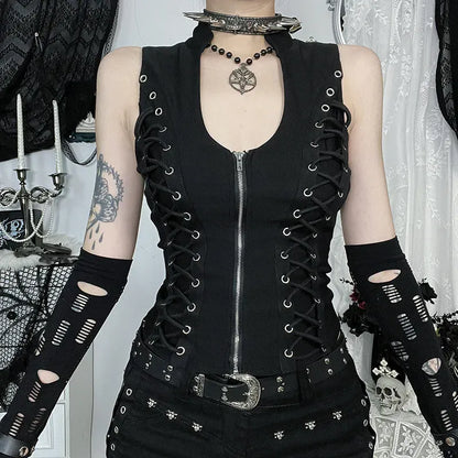 Black / S Goth Dark Punk Sleeveless Corn Bandage Vest / Women's Gothic Techwear (Victorious Nocturne Valor Vest)