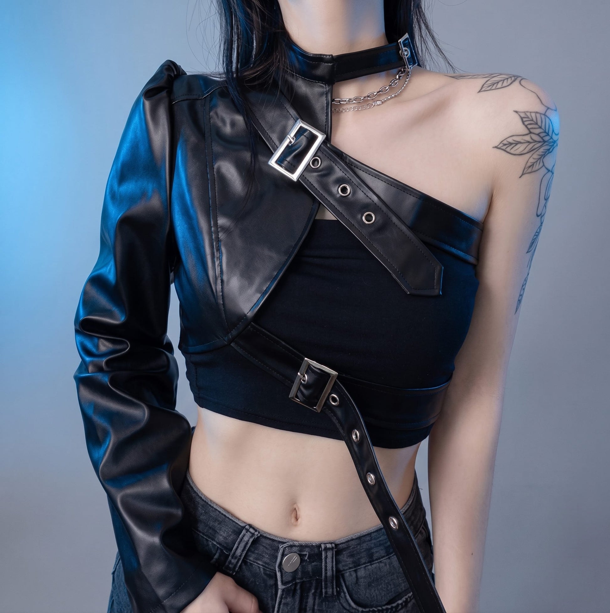 Black / S Harajuku Women Black Leather Strap (Shoulder)
