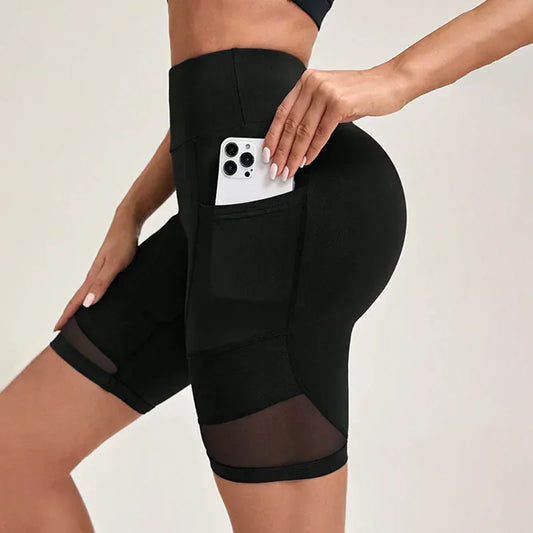 Black / S High Waist Mesh Yoga Shorts with Pockets (Victorious MechaMorph Shorts)