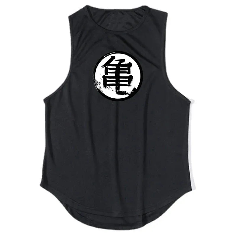 Black / S Japanese Turtle Script Printed Mens Gym Tank Top / Quick Dry Bodybuilding Tank Top