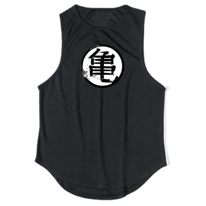 Black / S Japanese Turtle Script Printed Mens Gym Tank Top / Quick Dry Bodybuilding Tank Top