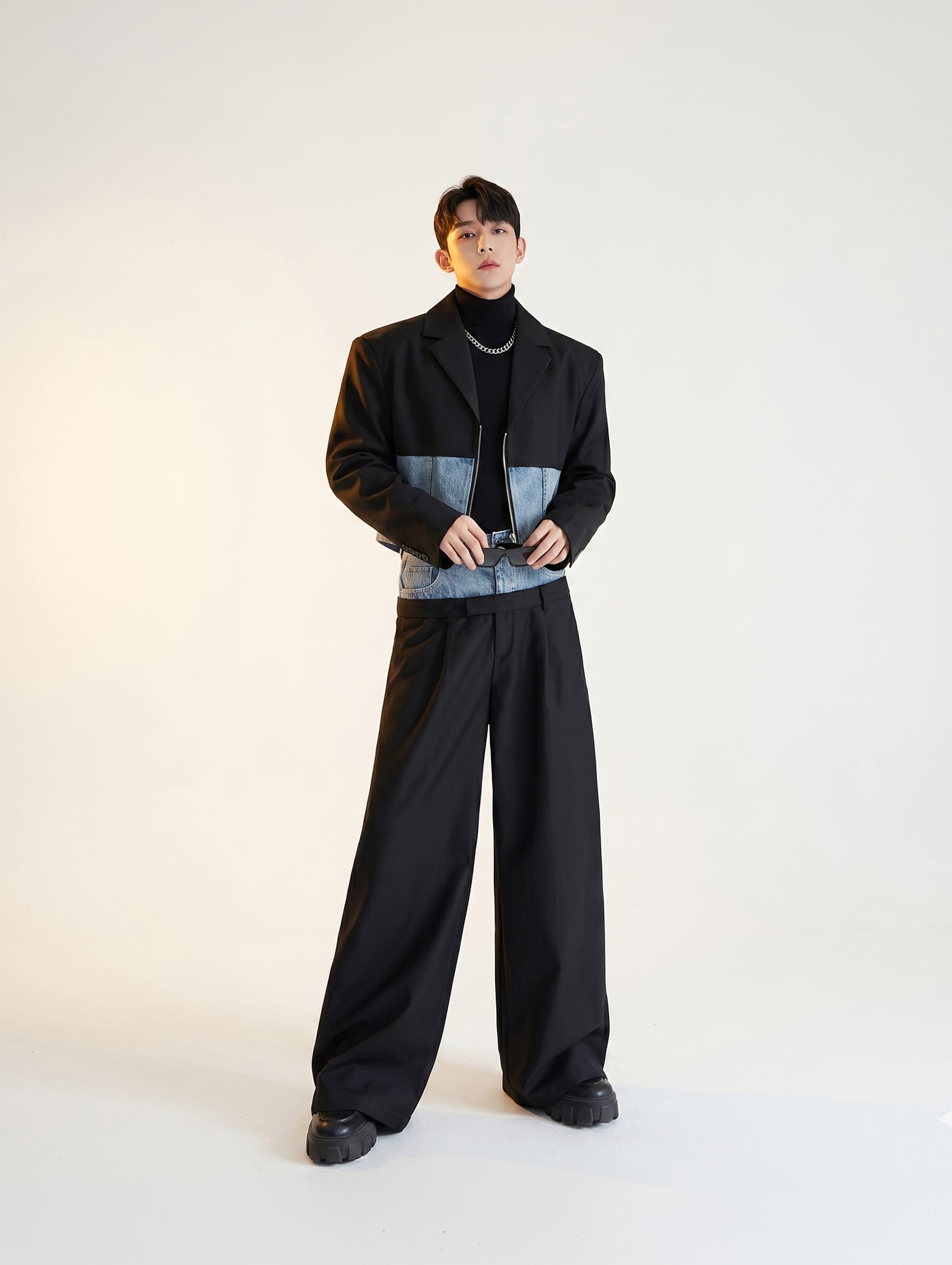 Black / S K-Style Hybrid Denim-Block Short Blazer & Ultra-Wide Dress Pants Co-ord