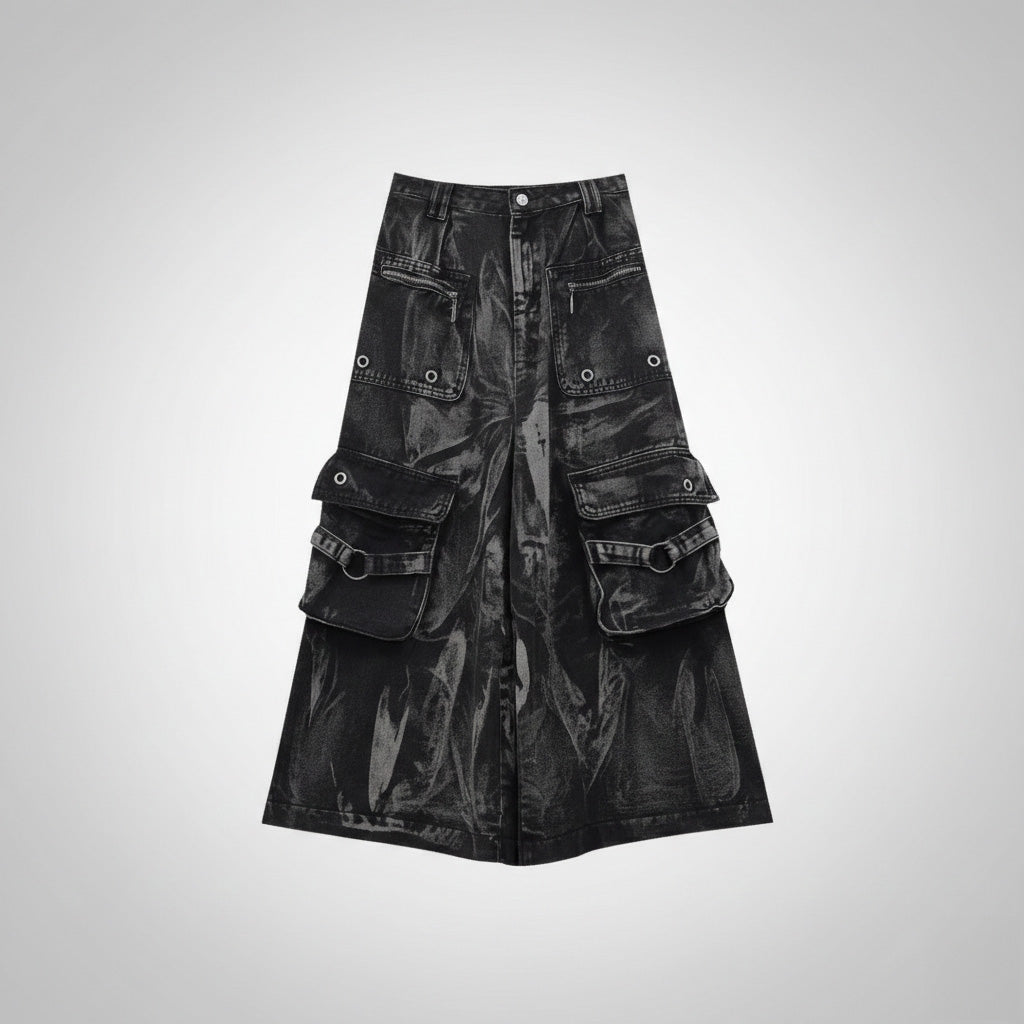 Black / S Kpop Idol Distressed Denim Cargo Skirt