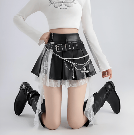 Black / S Lace Vegan Leather Kawaii Skirt / A-line Pleated (Victorious Black Sakura Battle)