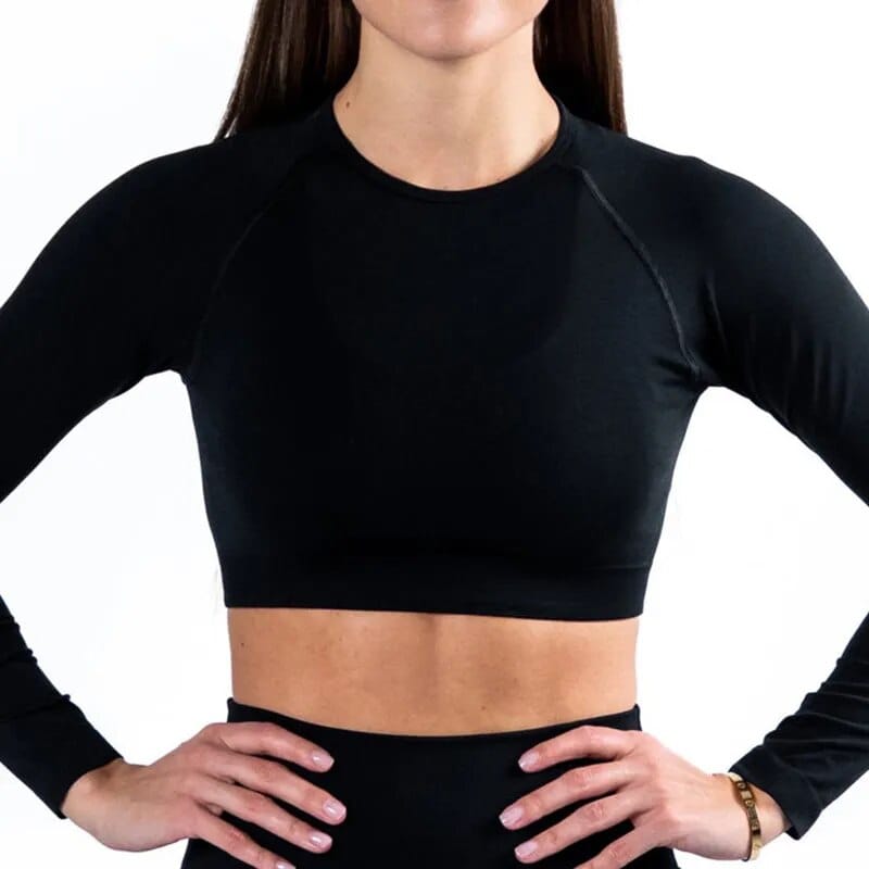 Black / S Long Sleeve Gym Crop Top / Women's Moisture-Wicking Gym Top/  Victorious Guardian