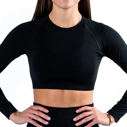 Black / S Long Sleeve Gym Crop Top / Women's Moisture-Wicking Gym Top/  Victorious Guardian
