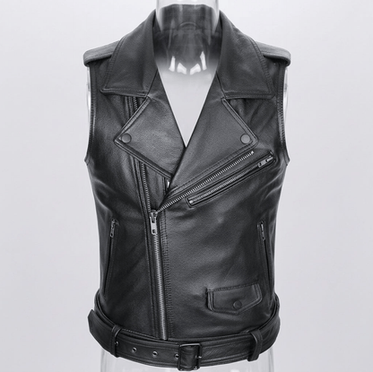 Black / S Oblique Zipper Motorcycle Leather Vest
