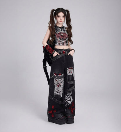 Black / S Punk Retro Washed Denim Pants