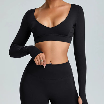 Black / S V Neck Long Sleeve Yoga Shirt