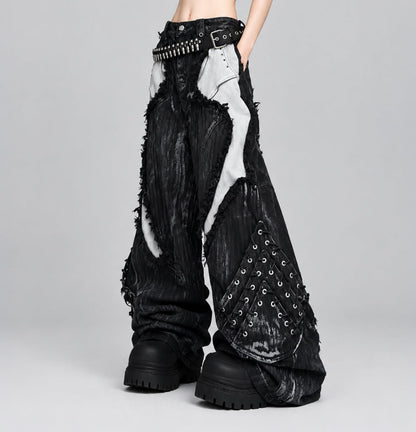 Black / S Vintage Patchwork Distressed Jeans / Wide Leg Cargo Pants Women's