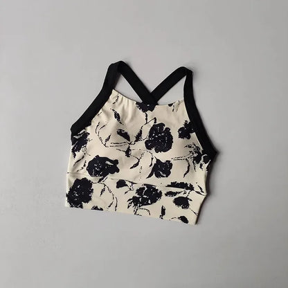 Black / S Women Cross Strap Nature Pattern Sports Bra/ Yoga Gym Crop Top
