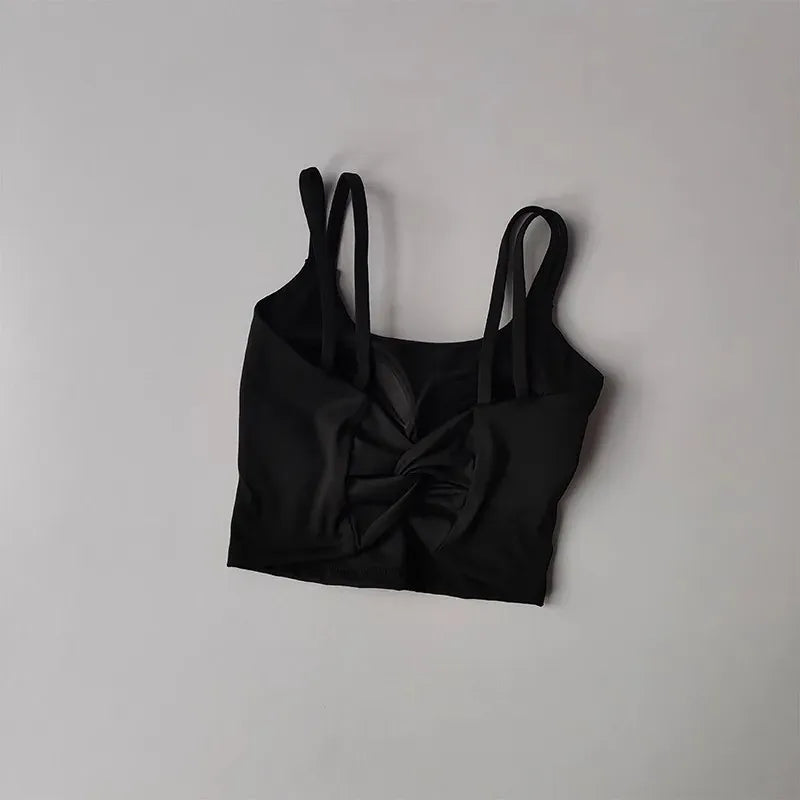 Black / S Women's Back knotted Sports Bra / High Impact Gym (Victorious Titanium Mesh)