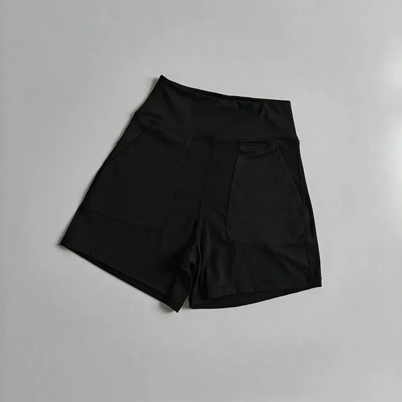 Black / S Women's High Waist Pocket Shorts/ Quick Dry Breathable Shorts