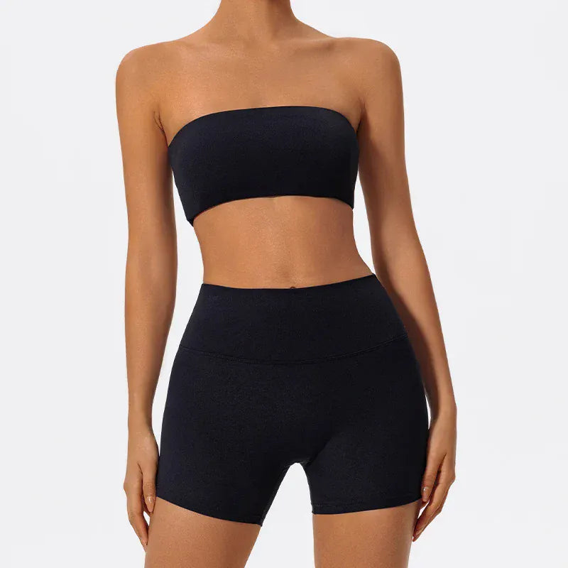 Black / S Women's Two Piece Fitness Sports Set / Yoga Gym Outfit / Strapless Bra ( Victorious Nakama Power Bra)