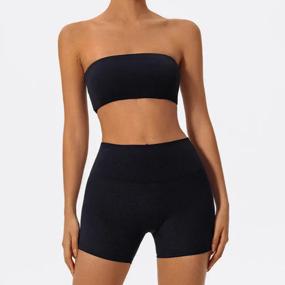 Black / S Women's Two Piece Fitness Sports Set / Yoga Gym Outfit / Strapless Bra ( Victorious Nakama Power Bra)