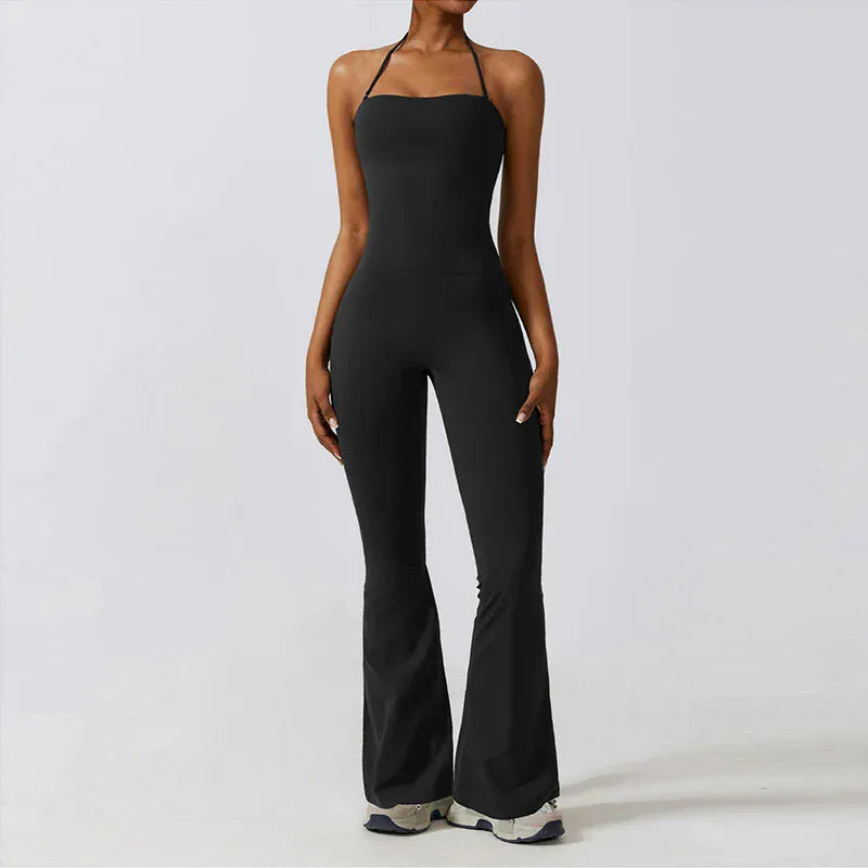 Black / S Women Sleeveless Yoga Jumpsuit/ Gym Flared Overalls (Victorious SynthWave)