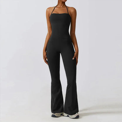Black / S Women Sleeveless Yoga Jumpsuit/ Gym Flared Overalls (Victorious SynthWave)