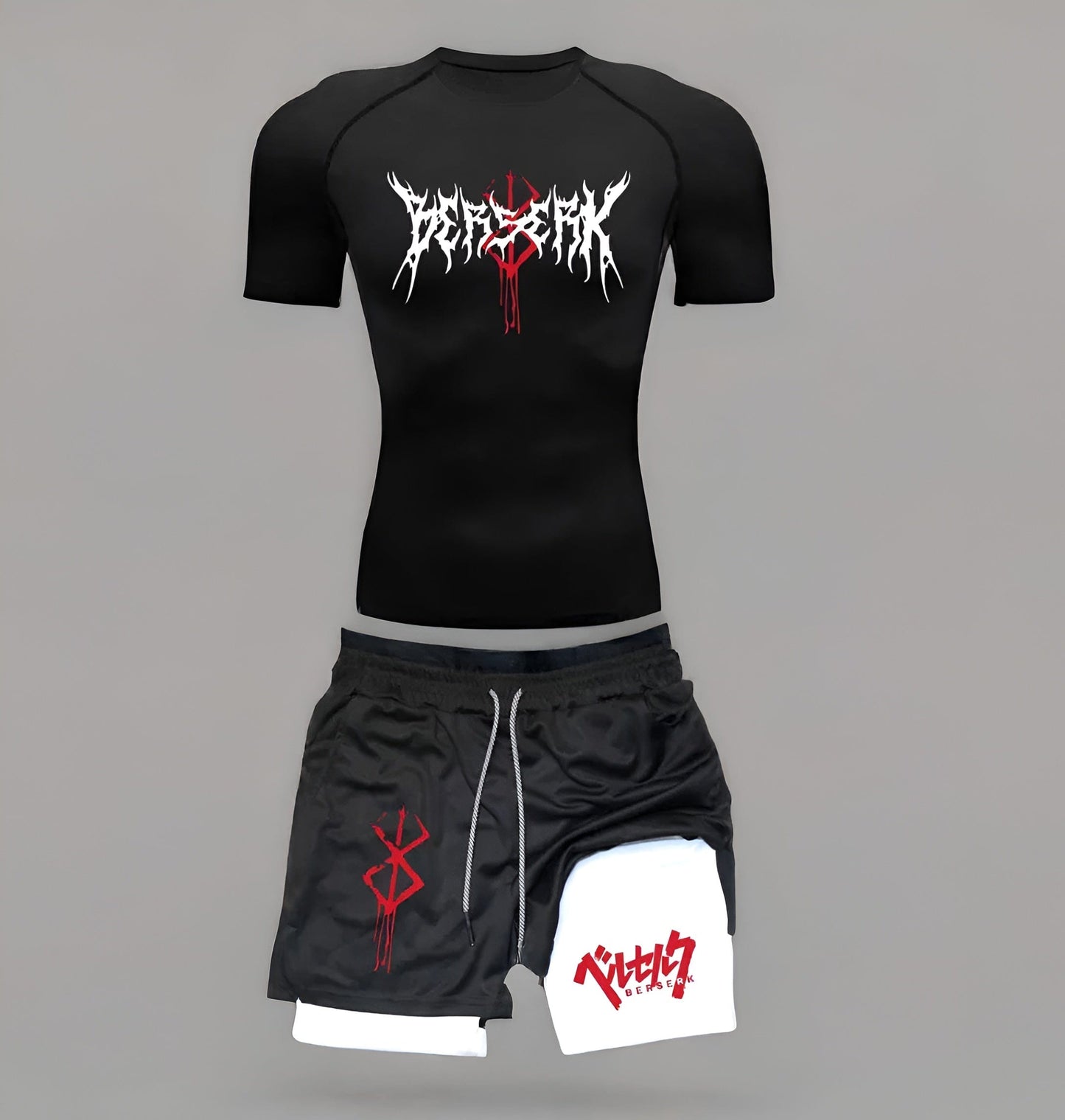 Black Shirt & Black Shorts / S Anime Berserk Compression Set /Workout Gym Tshirts & Breathable Running Shorts