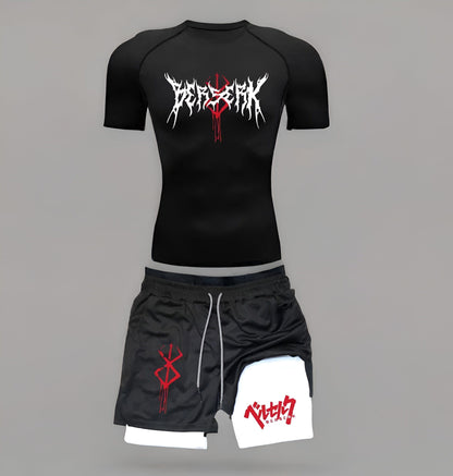 Black Shirt & Black Shorts / S Anime Berserk Compression Set /Workout Gym Tshirts & Breathable Running Shorts