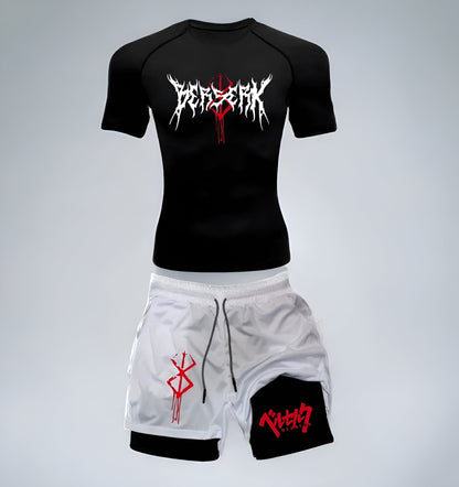 Black Shirt & White Shorts w/ Black Lining / S Anime Berserk Compression Set /Workout Gym Tshirts & Breathable Running Shorts