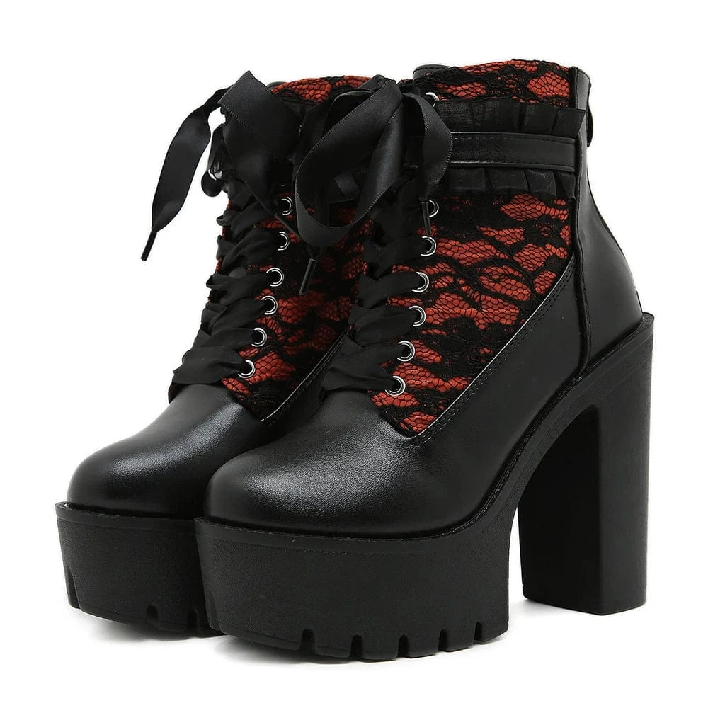 Black shoes / 35 Gothic Lace Patchwork High Heel Ankle Boots for Women / Vintage European Style Zipper Closure Chunky Platform Boots Red