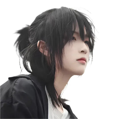 Black Short Mullet Head Wigs with Bangs/ Synthetic Straight Anime Men Black Hair Wig / Cosplay Wig
