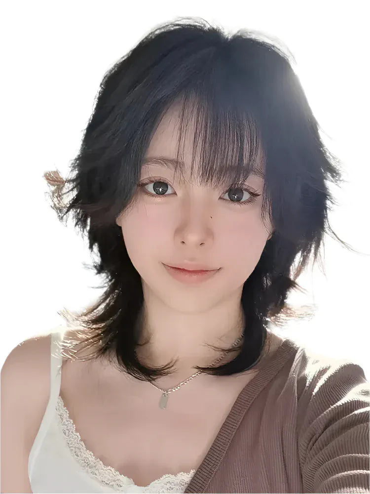 Black Short Mullet Head Wigs with Bangs/ Synthetic Straight Anime Men Black Hair Wig / Cosplay Wig