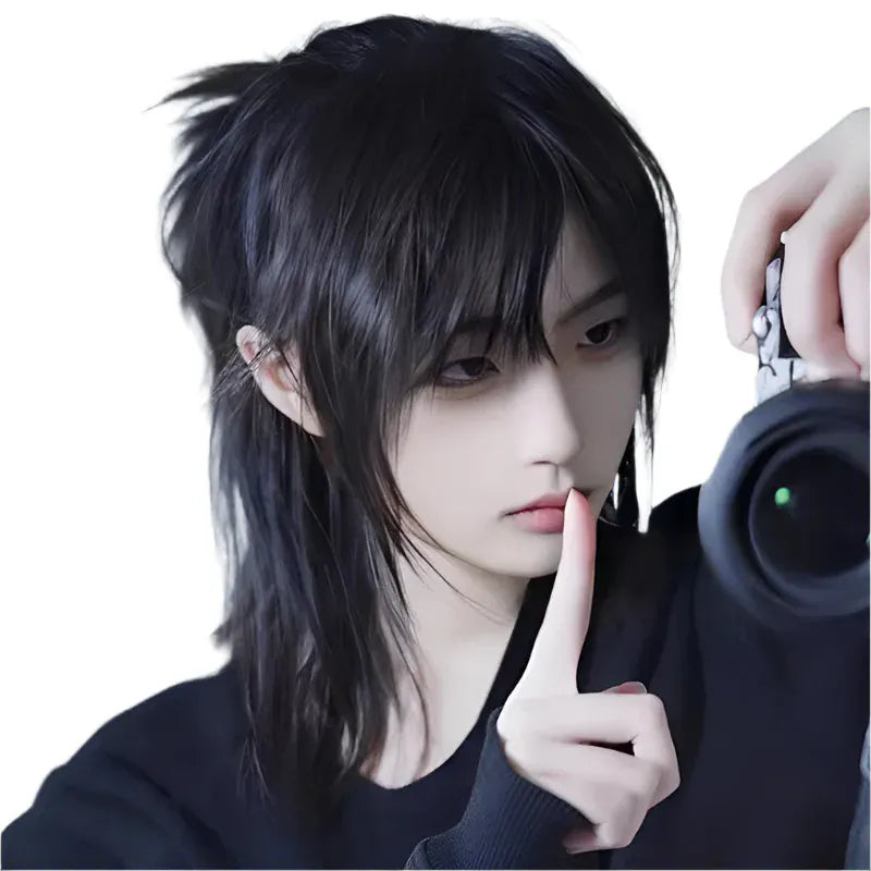 Black Short Mullet Head Wigs with Bangs/ Synthetic Straight Anime Men Black Hair Wig / Cosplay Wig