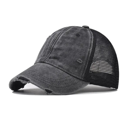 Black Washed Cotton Mesh Breathable Baseball Cap / Old Ripped Caps Men and Women