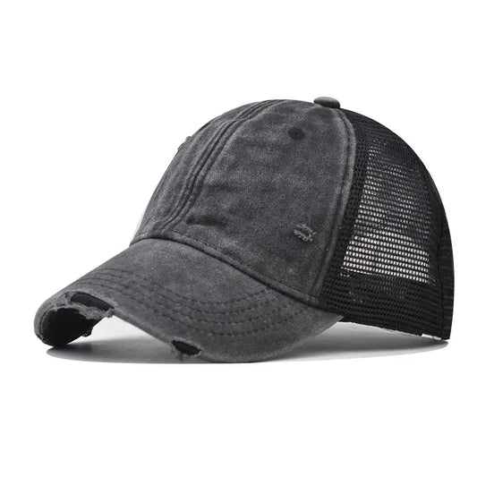 Black Washed Cotton Mesh Breathable Baseball Cap / Old Ripped Caps Men and Women