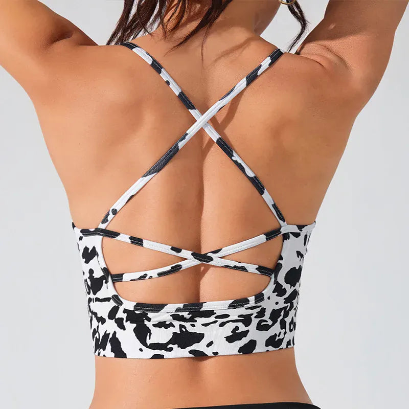 Black White / S Floral Print Yoga Bra for Women/ Cross Back Gym Sports Bra