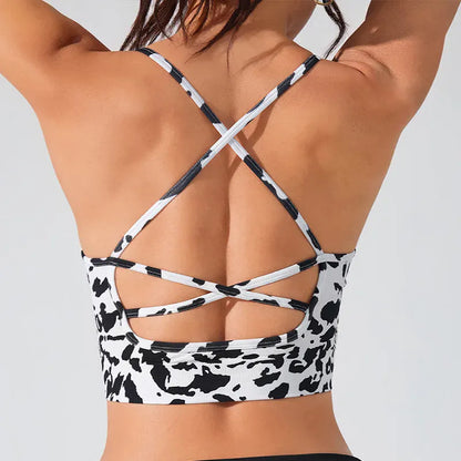 Black White / S Floral Print Yoga Bra for Women/ Cross Back Gym Sports Bra