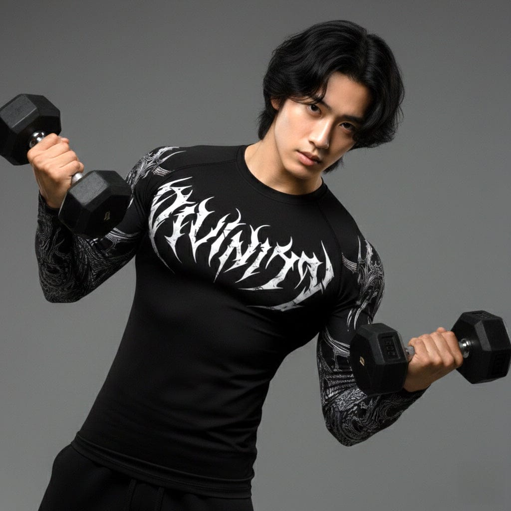 Black white / S Korean Style Slim Fit Cyber Sigilism shirt - Long sleeve compression shirt