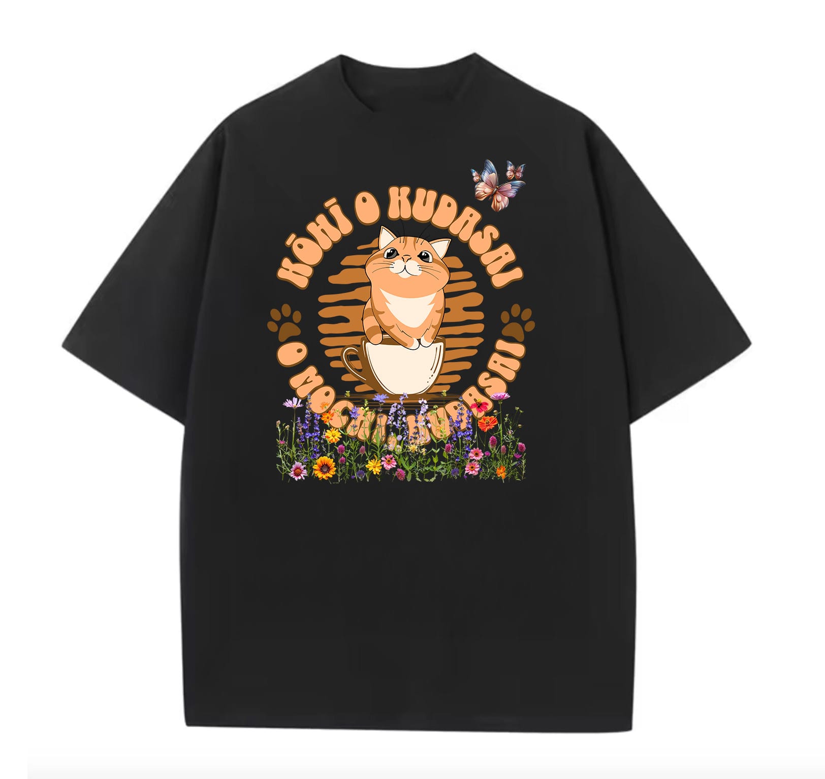 Black / XS Kohi O Kudasai Japanese Cat Oversize T-shirt (Ryomen_Vikuna Designed)