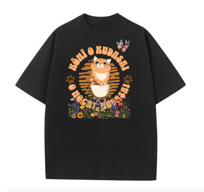 Black / XS Kohi O Kudasai Japanese Cat Oversize T-shirt (Ryomen_Vikuna Designed)
