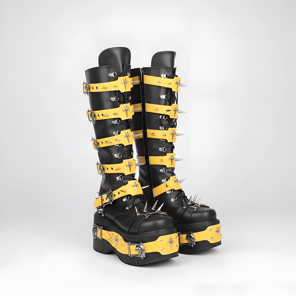 Black yellow / 34 Women's Rivet Buckle Platform Boots/ Round Toe Cross Tied Leather Boots