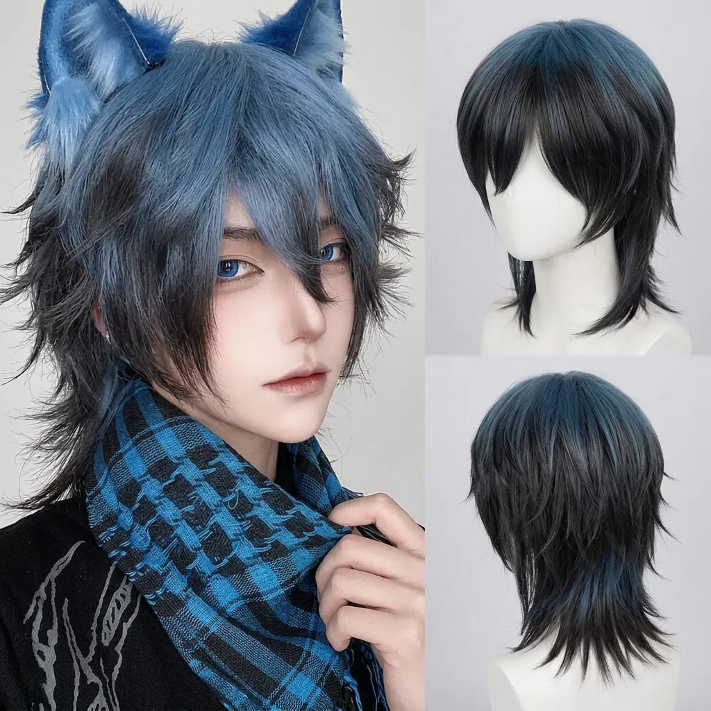 Blue and Black Short Layered Wig with Bangs / Heat Resistant