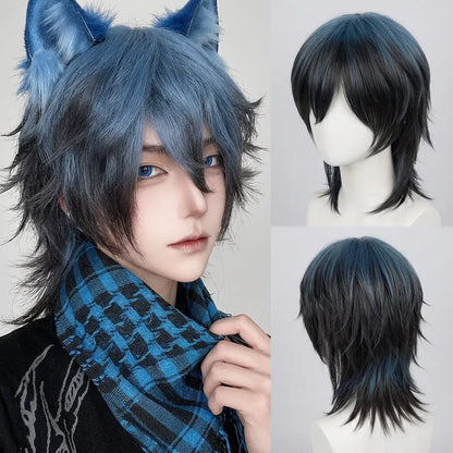 Blue and Black Short Layered Wig with Bangs / Heat Resistant