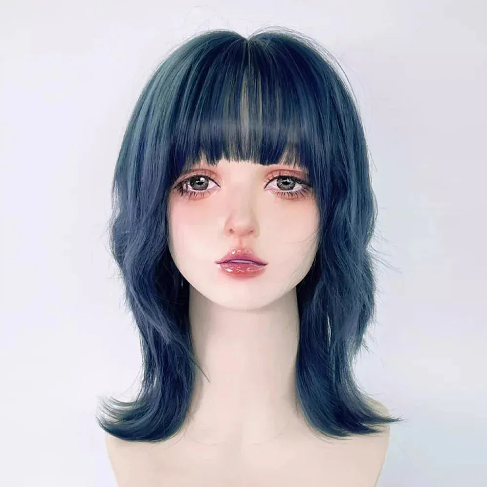 Blue Blue Synthetic Mullet Head Wig with Bangs /Short Straight Lolita Anime Cosplay