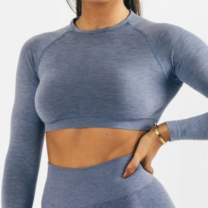 Blue Gray / S Long Sleeve Gym Crop Top / Women's Moisture-Wicking Gym Top/  Victorious Guardian