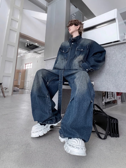 Blue / M K-fashion Men's Cargo Denim Set / Wide Leg Jeans & Jacket