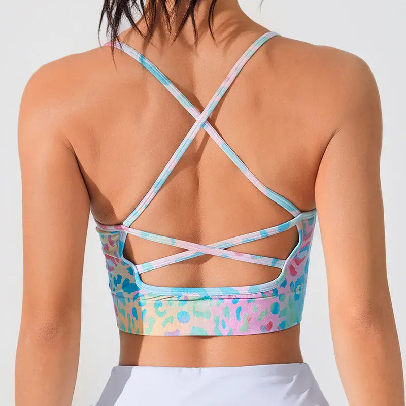 Blue / S Floral Print Yoga Bra for Women/ Cross Back Gym Sports Bra