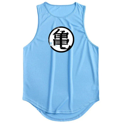 Blue / S Japanese Turtle Script Printed Mens Gym Tank Top / Quick Dry Bodybuilding Tank Top