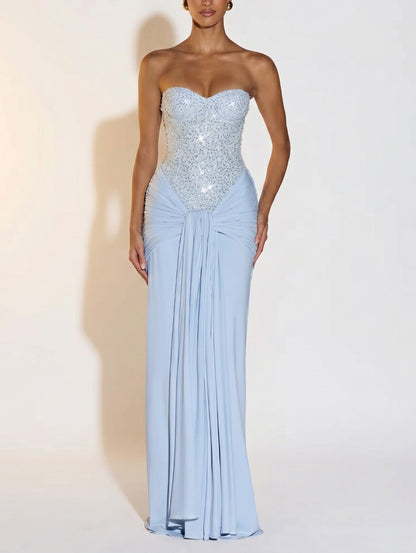Blue / S Mermaid Corset Strapless Prom Dress